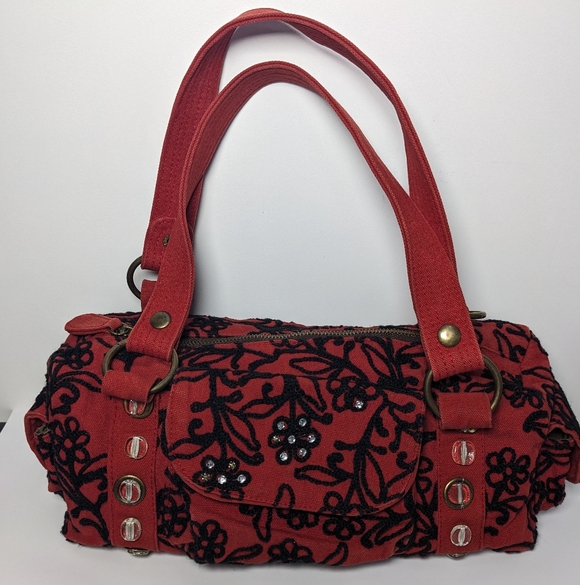 lola Handbags - Lola Handbag Canvas Floral Embroidered Red Black Purse Whimsygoth